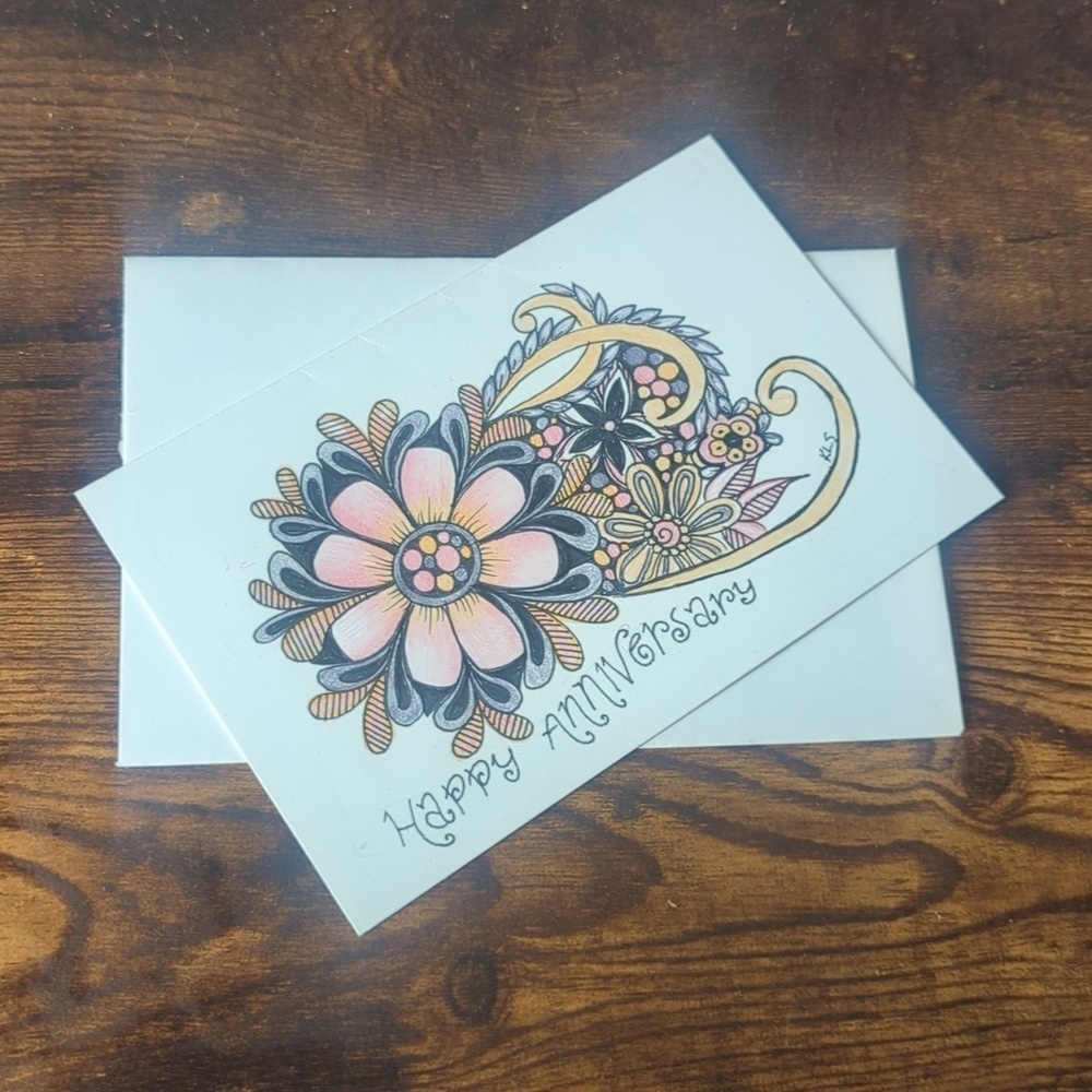 🌻5/$20 Handmade Happy Anniversary Floral Zentangle Card- Orange,Black & Pink